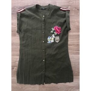 ELA Women's Top Army Green Appliqué Front Shoulder Details Size Large